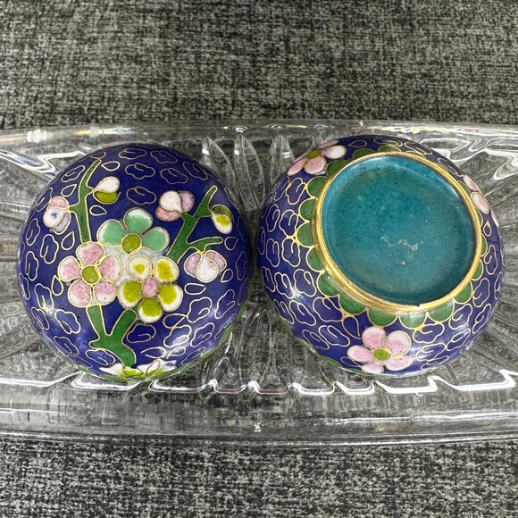 Cloisonne Cobalt Blue Floral Round Mini Trinket Jewelry Vintage Box - Picture 8 of 8